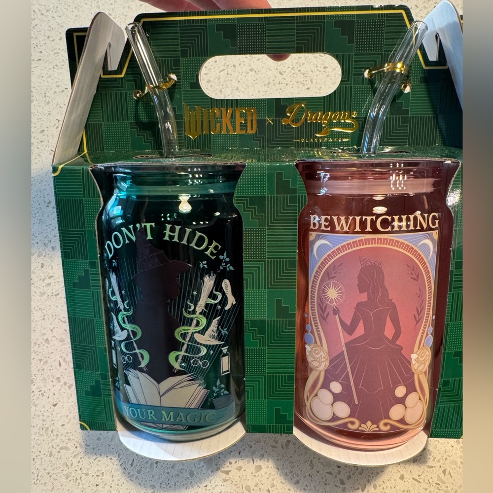 Wicked Dragon Glassware 2 Pack 16 oz Glinda Elphiba Glass with Straw Set NEW